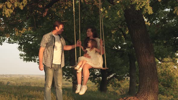 Father Shakes Mother and Child on a Rope Swing on an Oak Branch in Forest