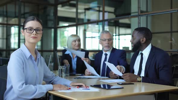 Young Female Boss Smiling Camera, Business Colleagues Working Office Table