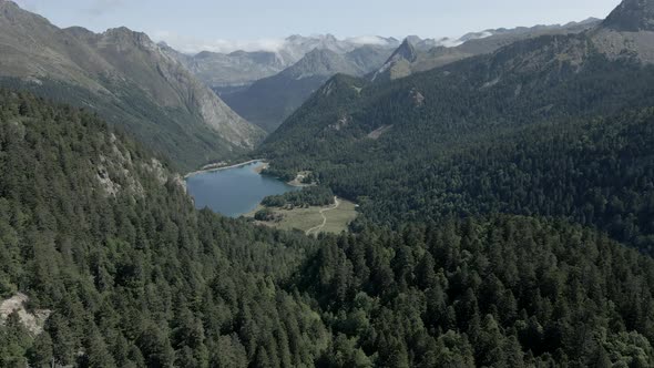 Beautiful Aerial Drone Shot Over the Mountain Range in the Pyrenees in France in View