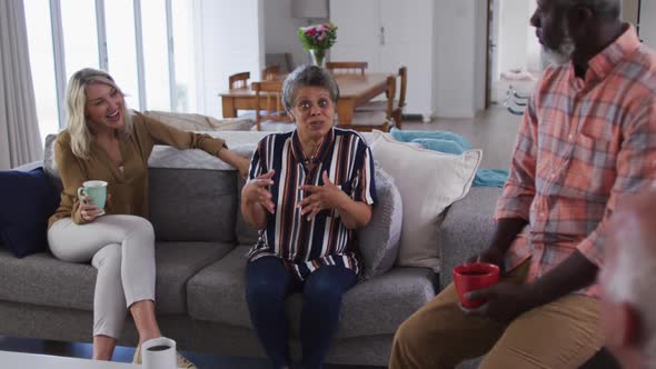 Two diverse senior couples sitting on a couch drinking tea together at home