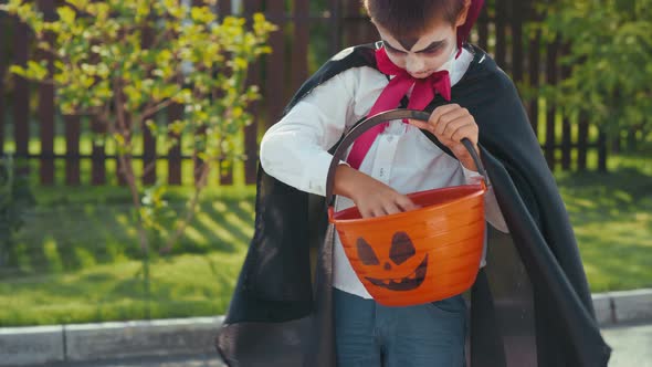 Boy in Halloween Costume Looking inside Basket