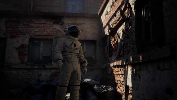 Lost Astronaut Near Abandoned Industrial Buildings of Old Factory alt