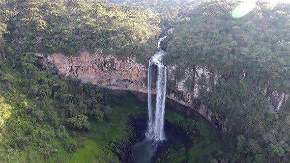 Aerial scene showing a waterfall. Shoot in 4k. Location: Cascata do Caracol, Canela, south of Brazi