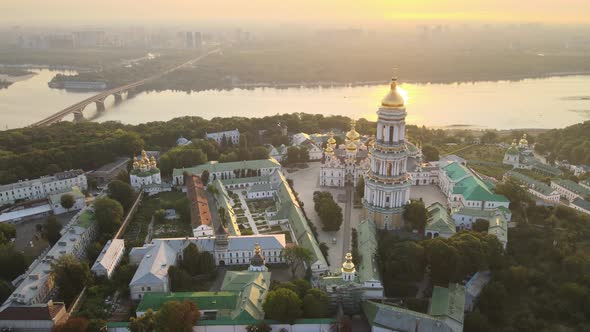 Kyiv-Pechersk Lavra in the Morning at Sunrise. Ukraine. Aerial View