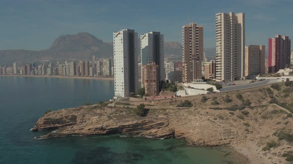 Aerial of skyscrapers on the Mediterranean coast