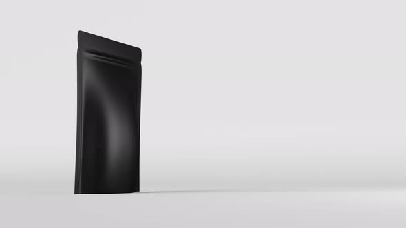 Black pouch bags mockup branding white background 3D animation. Merchandise packaging blank design