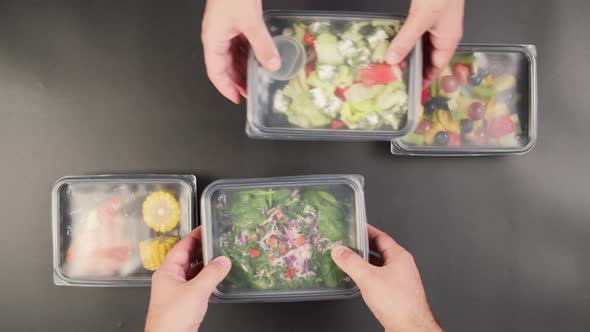 Take Away Meals Top View Food Delivery in Closed Disposable Containers Balanced Nutrition