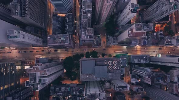 City centre traffic at night in Hong Kong Island Central. Aerial drone view