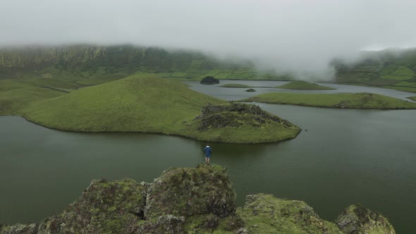 Aerial view of Lagoa Azul on Ilha de Sao Miguel, Portugal.