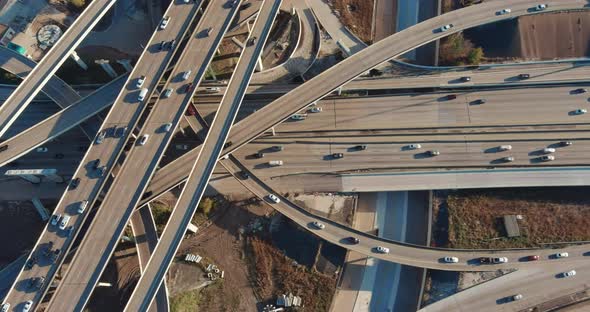 Aerial of cars on 59 South and 610 South loop freeway in Houston, Texas