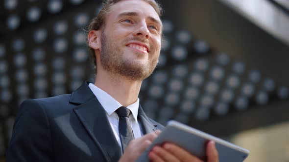 Sly Businessman Smiling Someone Outside