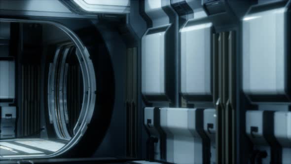 3D Rendering of Realistic Sci-fi Spaceship Corridor alt