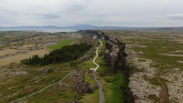 Flying over tectonic plates in Thingvellir National Park, Golden Circle, Iceland