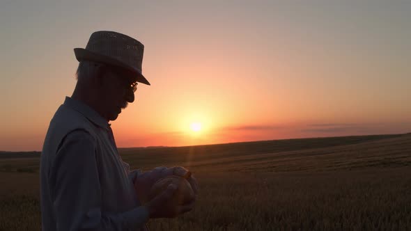 Senior Man Caresses a Loaf of Bread Kisses It and Looks at the Sky in Evening