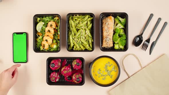 Food Delivery Top View Take Away Meals in Disposable Containers