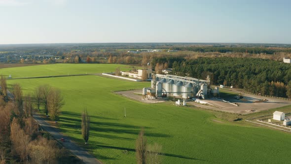 Aerial View Modern Granary Graindrying Complex Commercial Grain Or Seed Silos In Sunny Rural