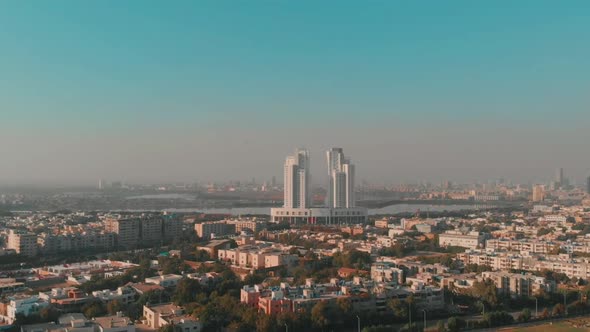 Com3 Mall Apartment Complex Seen In Distance In Karachi Pakistan. Aerial Dolly Forward