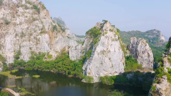 Aerial view of Khao Ngu Stone. National park with river lake, mountain valley hills