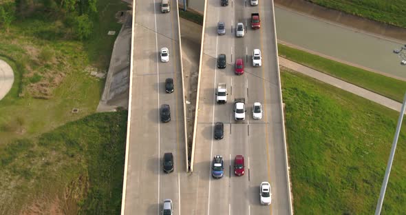 Aerial of cars on 45 North freeway near downtown Houston