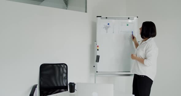 Teacher Conducts Lesson at Laptop in Office, Demonstrates Topic at Whiteboard