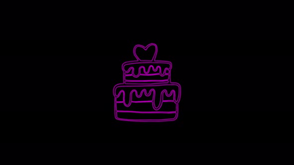 Cake icon with moving lines heart on a black background. 4K video neon linear animation. Food