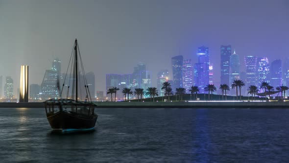 A Panoramic View of the Old Dhow Harbour Night Timelapse in Doha Qatar with