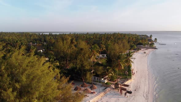 Paradise Beach Resort with Palm Trees and Hotels By Ocean Zanzibar Aerial View