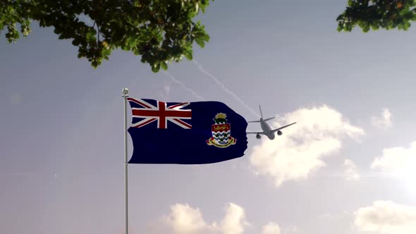 Cayman Islands Flag With Airplane And City -3D rendering