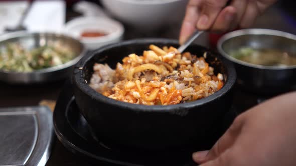 Korean food, Korean rice dish Bibimbap Korean mixed rice in a hot stone pot