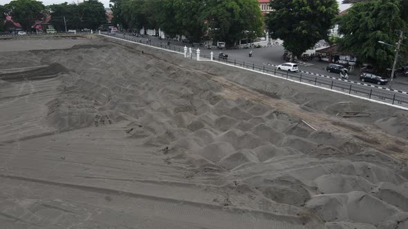 Aerial view of the Yogyakarta Palace (Keraton) field which is being replaced by white sand to mainta