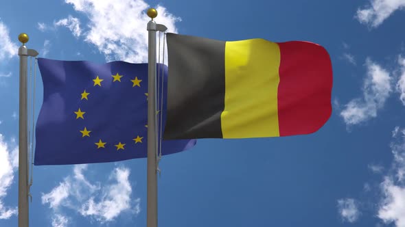 European Union Flag Vs Belgium Flag On Flagpole