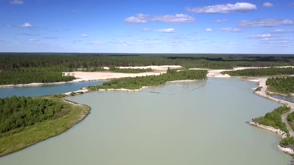 Lake with Islands and Abandoned Mining Sites Bird Eye View