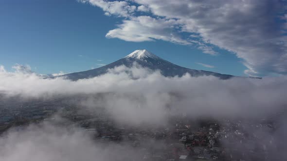 Aerial view 4k video by drone of Mount Fuji and mist at yamanashi , Japan