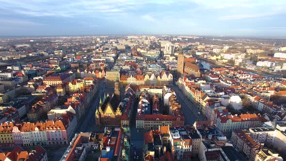 Aerial: Old town of Wroclaw at morning time