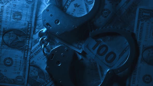 Close Up of Rotation Metal Handcuffs Over Stack of Dollar Banknotes