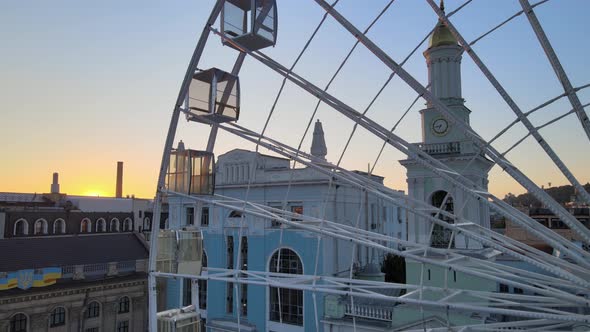 Ferris Wheel in the Morning at Sunrise in Kyiv, Ukraine. Aerial View