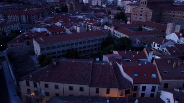 Aerial of Salamanca Spain featuring a small district within the city at night