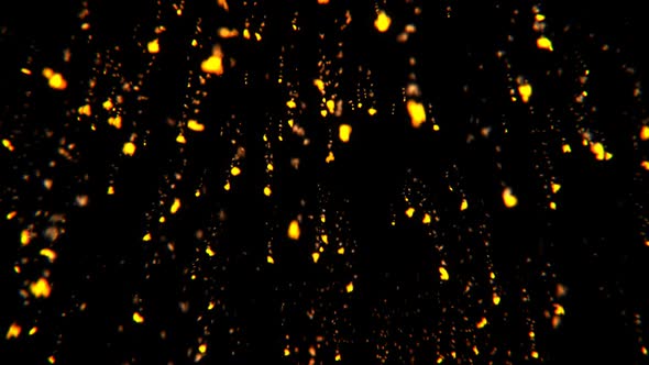 Animation of fire rain. Night volcano eruption. Shining particles sparkles.