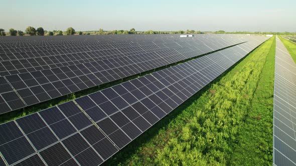 Aerial View Solar Power Station on Green Field at Sunset Solar Panels in Row