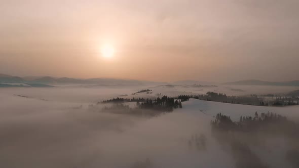 Aerial Drone View to Fog and Clouds Over Carpathian Mountains