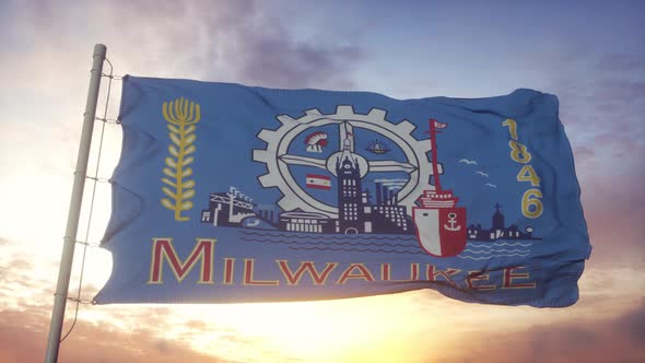 Flag of Milwaukee Wisconsin Waving in the Wind Sky and Sun Background