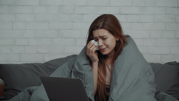 Frustrated Lady At Laptop Watching Sad Movie Crying In Bedroom