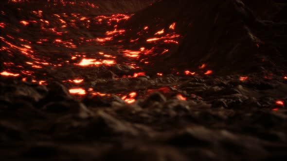 Red Orange Vibrant Molten Lava Flowing Onto Grey Lavafield and Glossy Rocky Land alt