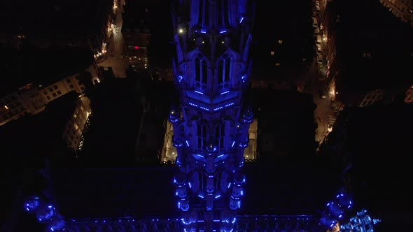 Brussel's Grand Place Town Hall spire illuminated for concert