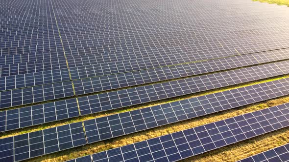 Aerial Drone View Flight Over Solar Power Station Panels