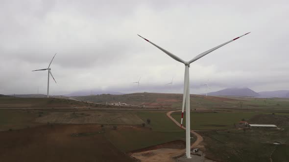 Aerial view of wind turbine landscape. Wind farm energy ecofriendly in mountains