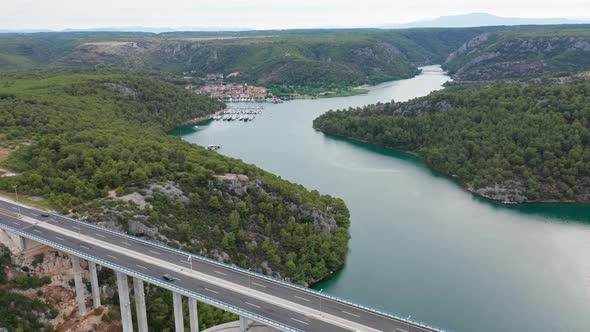 Aerial Drone Footage of Bridge Over the River in Croatia