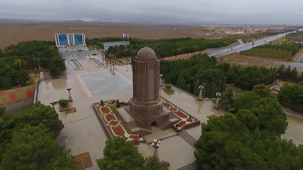 8/10 Ganja city drone view of Nizami Ganjavi mausoleum complex