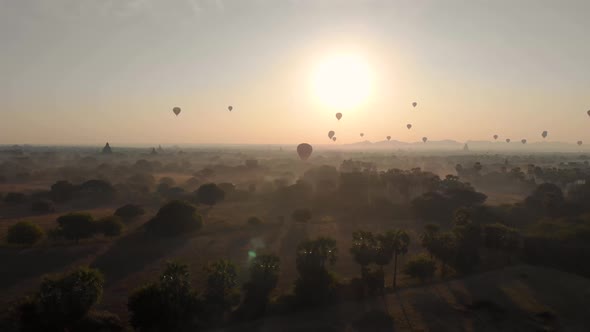 Aerial view of hot balloons in the Old Bagan temple site.