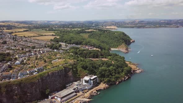 Sky view of the beach in Brixham England. Coastal town in southwest England.